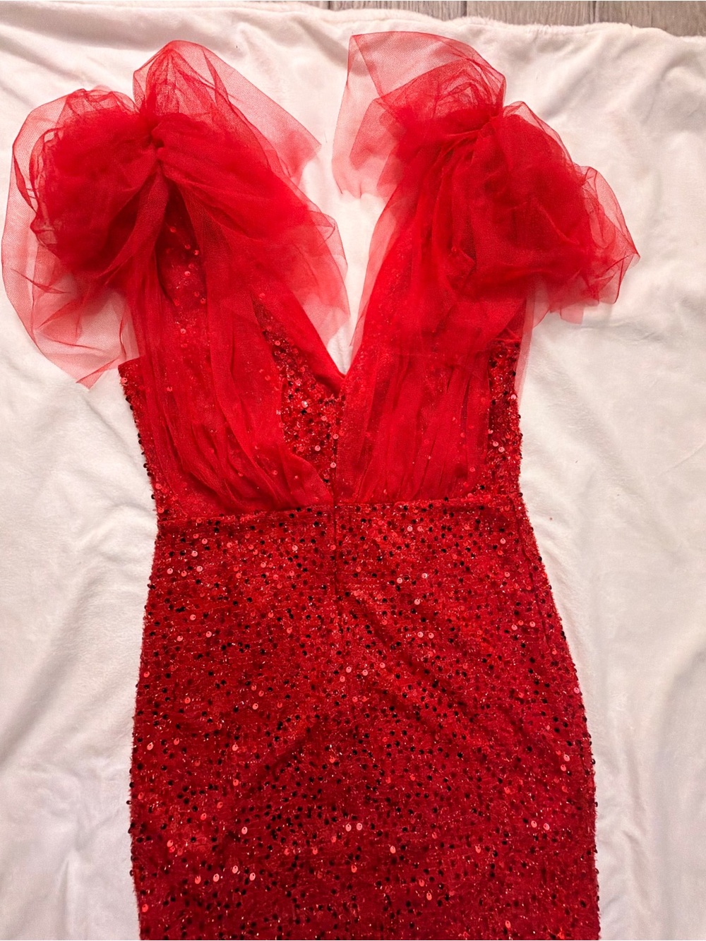 Red Sequined Tulle Evening Dress